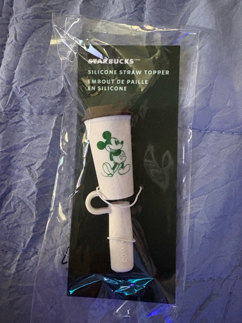 Starbucks White Silicone Straw Topper w/ Green Mickey Graphic For your tumbler